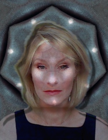 Webcam portrait of blonde woman against background of blue mouth polygon