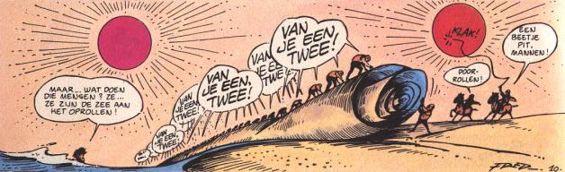 Workers rolling up the sea like a carpet, whipped by horsemen