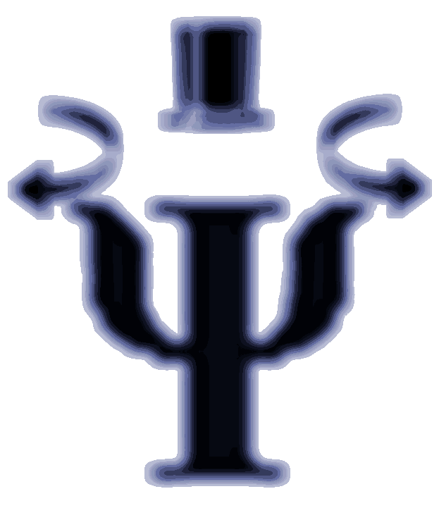 Stylized psi man with a top hat holding left and right curved arrows